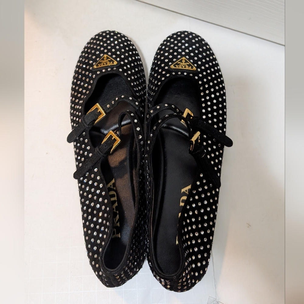 Prada Black Suede Ballerina Flats Dual Mary Jane Crystals Size 36.5 Logo NWOB - Picture 5 of 8